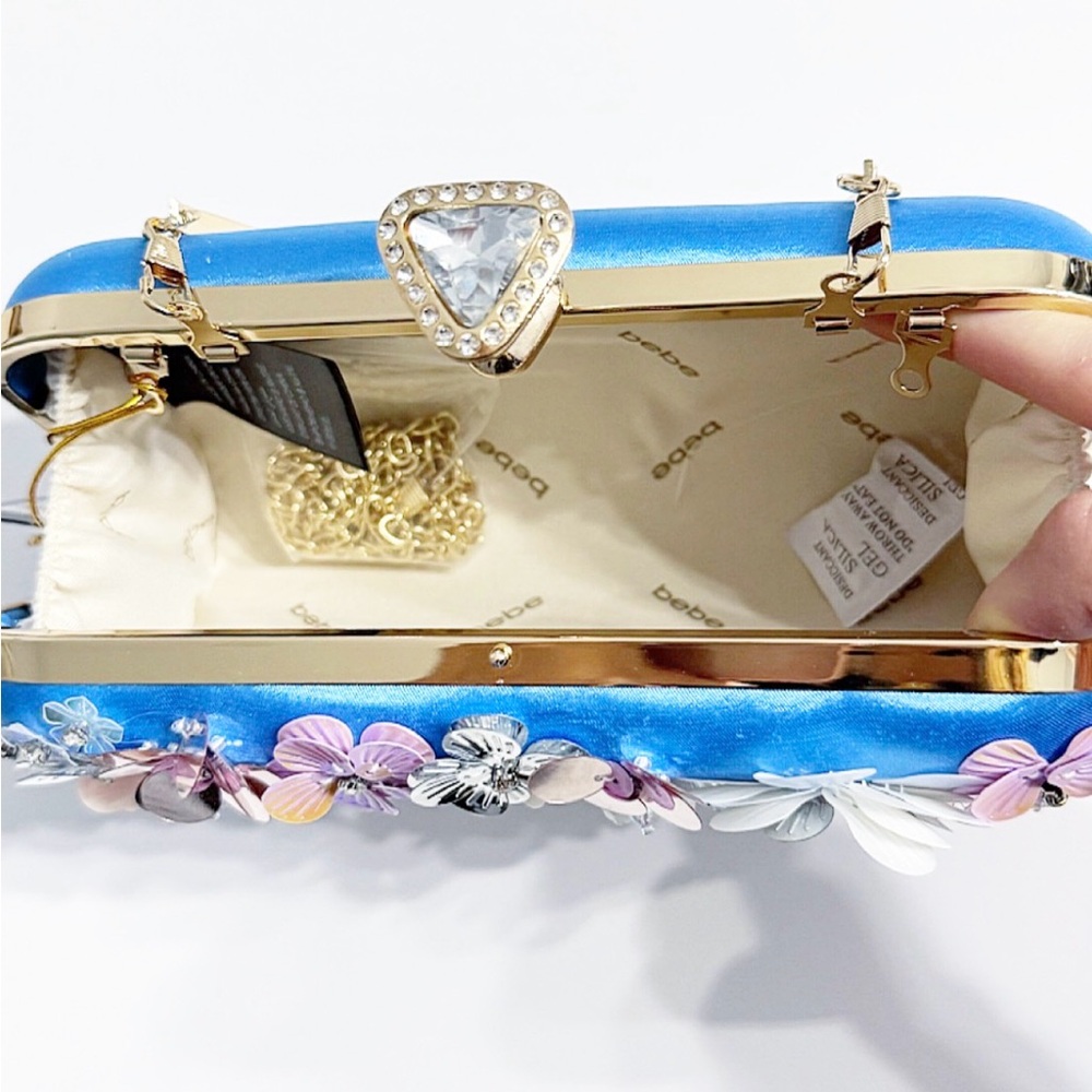 Bebe Blue Satin Floral Embellished Daisy Clutch w/ Chain Strap | NWT - Picture 5 of 14